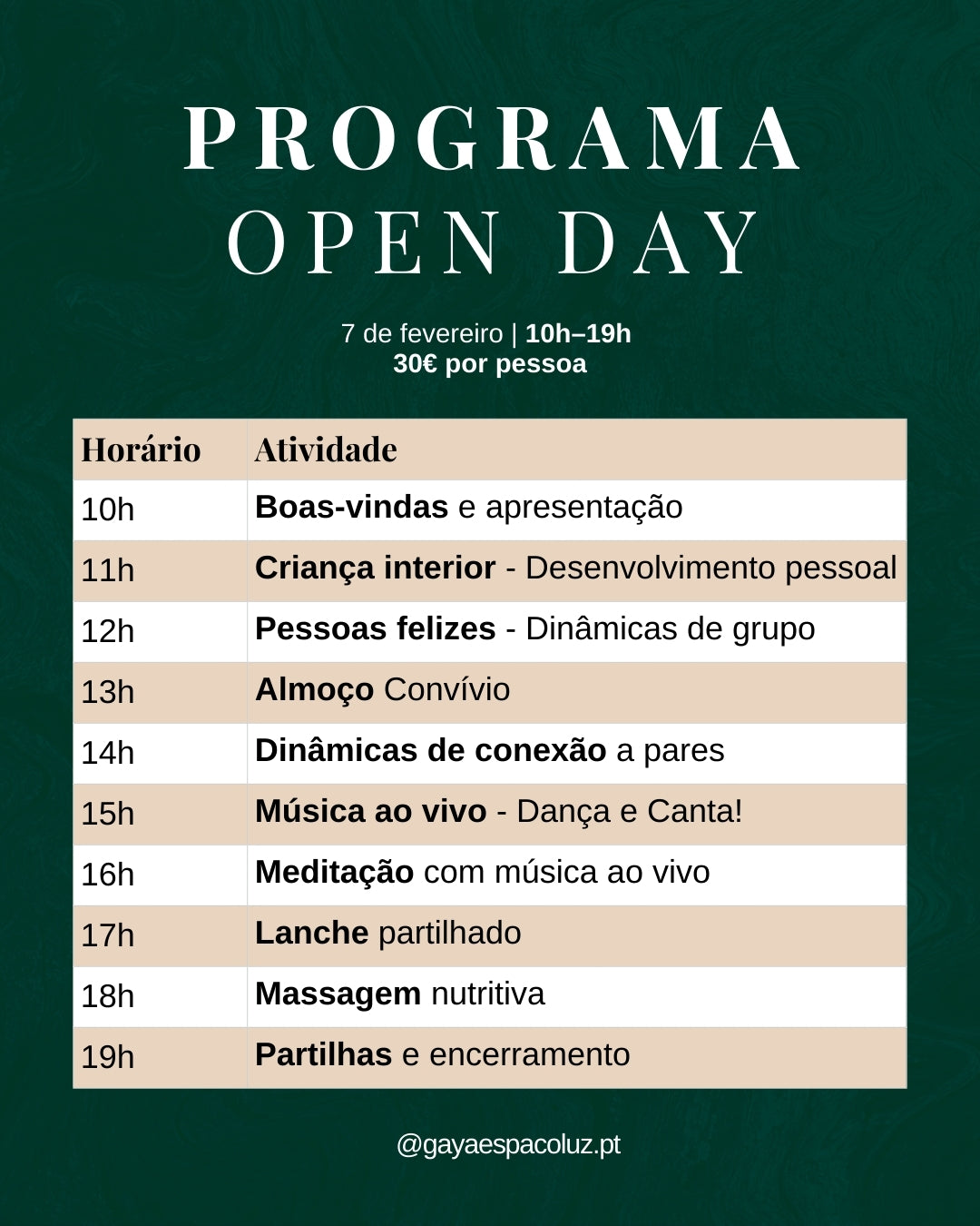 Imagem do programa de atividades para o Open Day de 07 de Fevereiro de 2026 no Gaya Espaço Luz